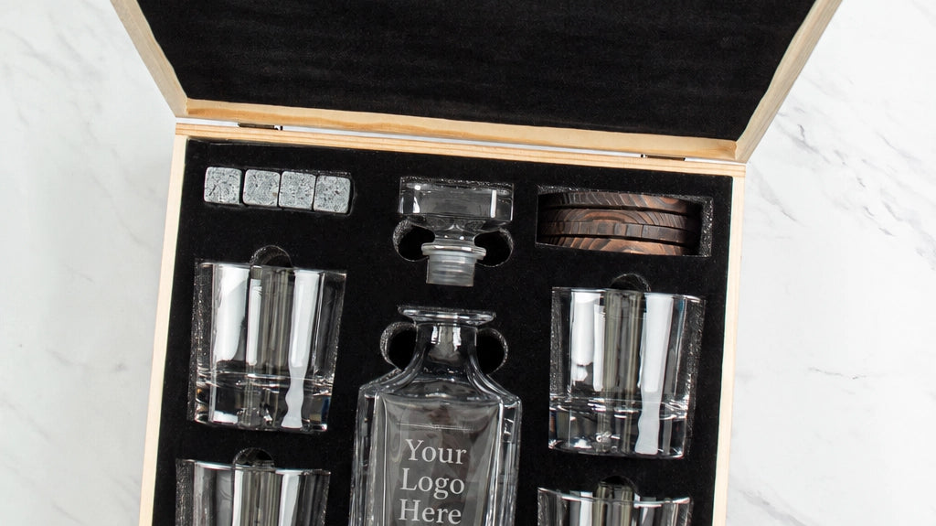 Add Your Logo Classic Decanter Set in a wooden gift box with a decanter and rocks glasses, shown with a