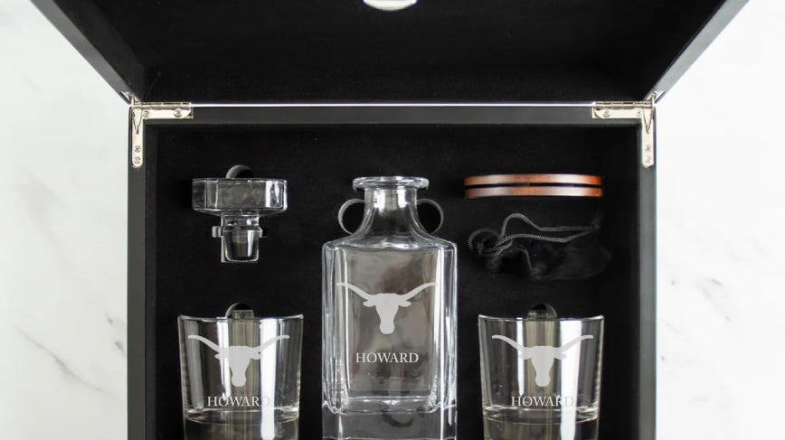 Texas Exes Longhorns decanter set with dark brown wood gift box