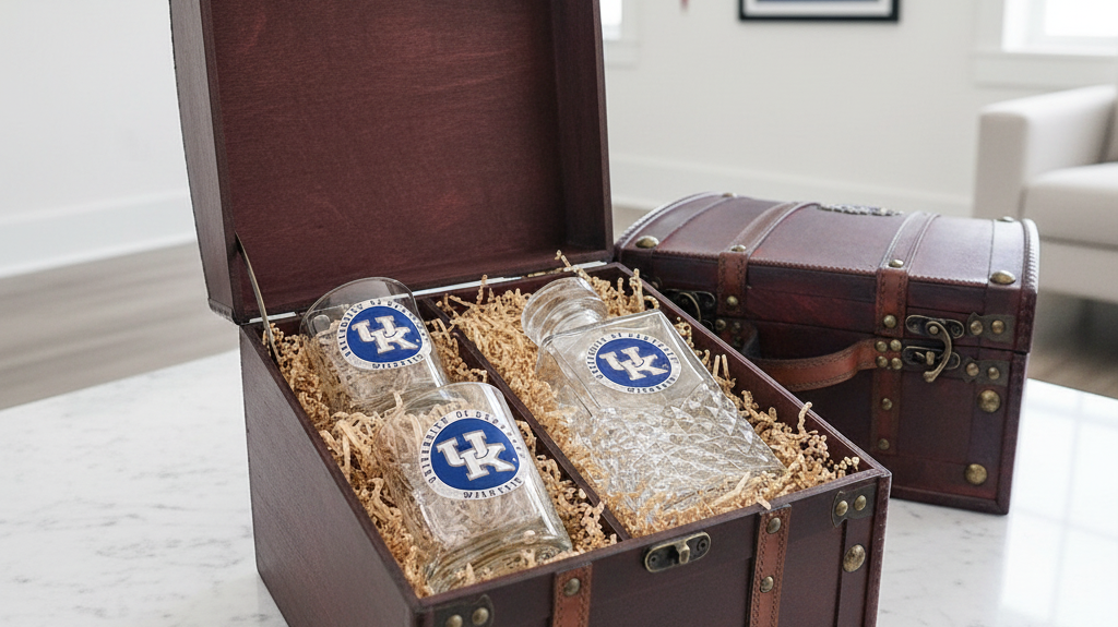 NCAA college glassware and whiskey gifts styled for game day