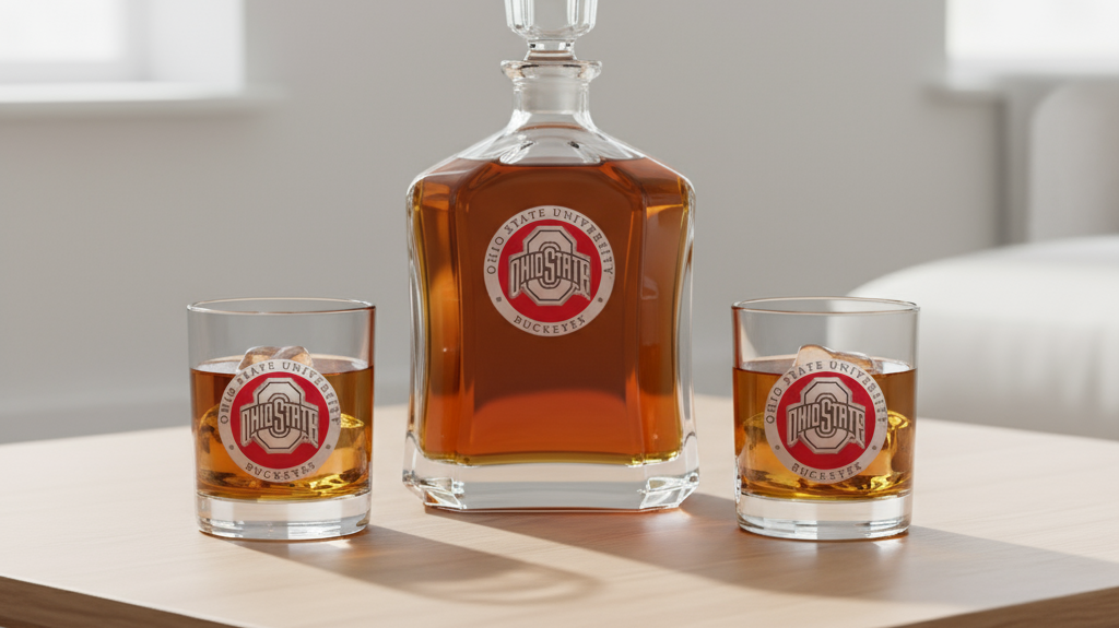 Ohio State University Capitol Decanter Set with two whiskey glasses