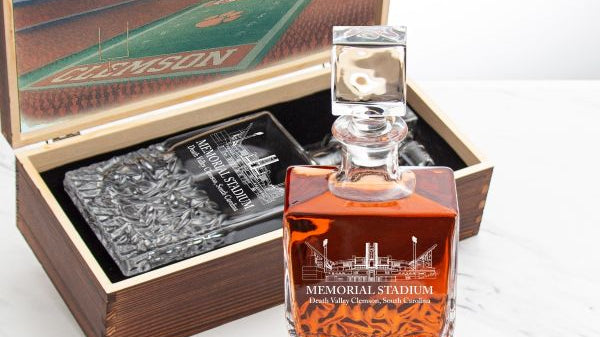 Officially licensed Clemson Memorial Stadium decanter in a rustic wood presentation box