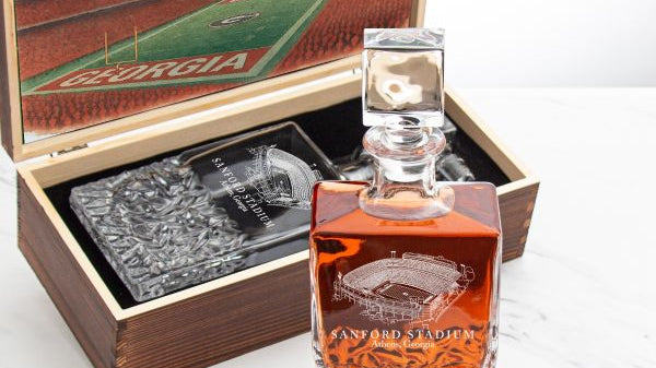 University of Georgia stadium decanter in a rustic wooden gift box