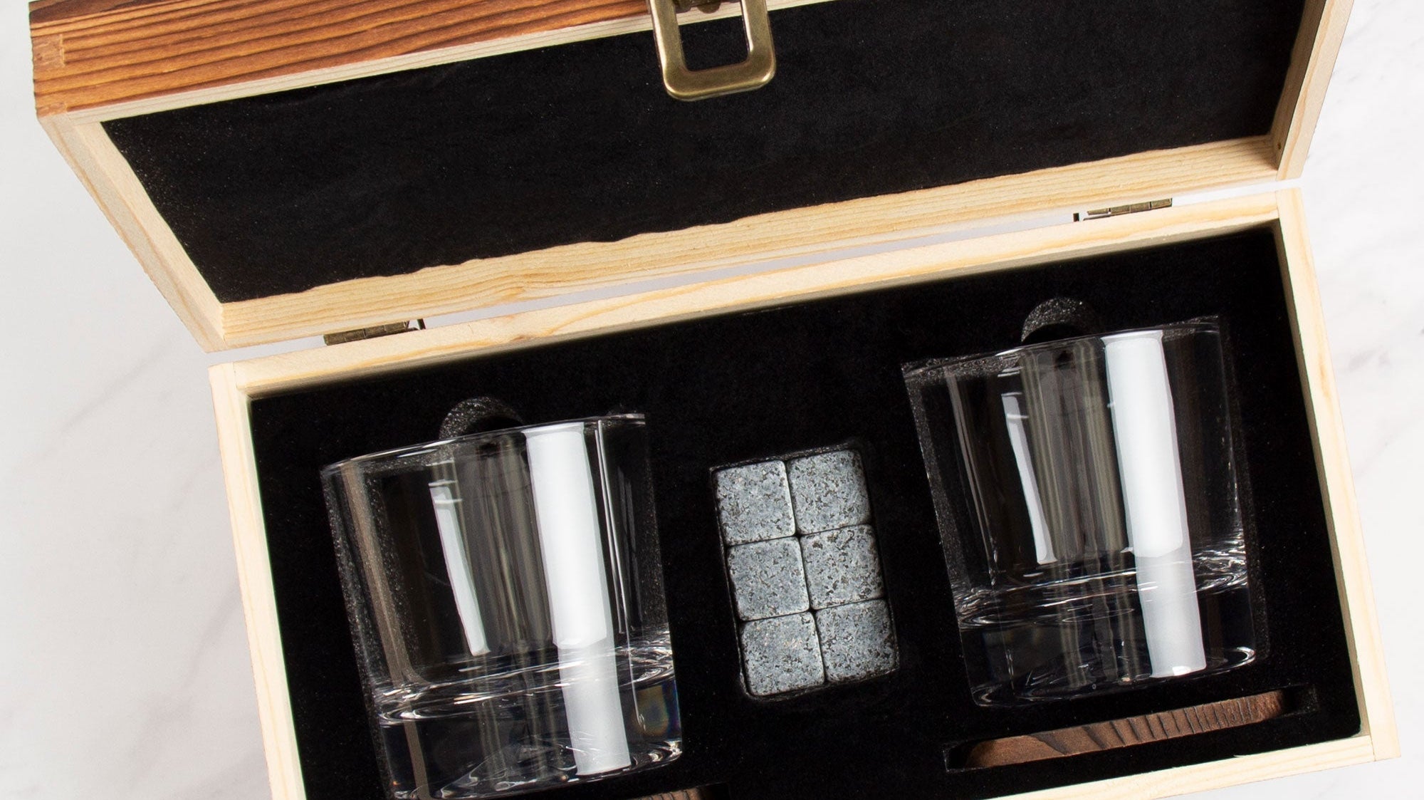 Personalized whiskey glass set presented in a premium wooden gift box