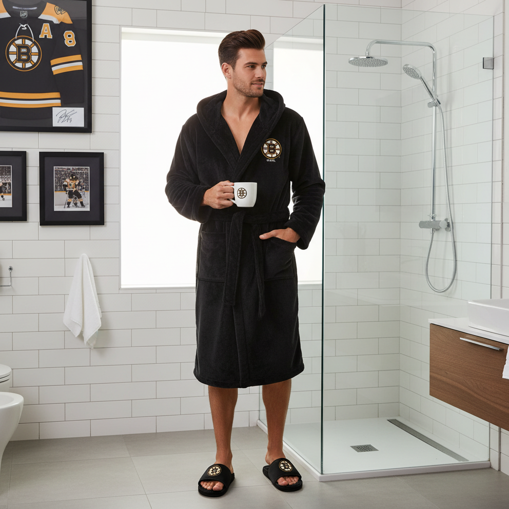 A hooded robe and a pair of slipper sandals with Boston Bruins branding, primarily black in color.