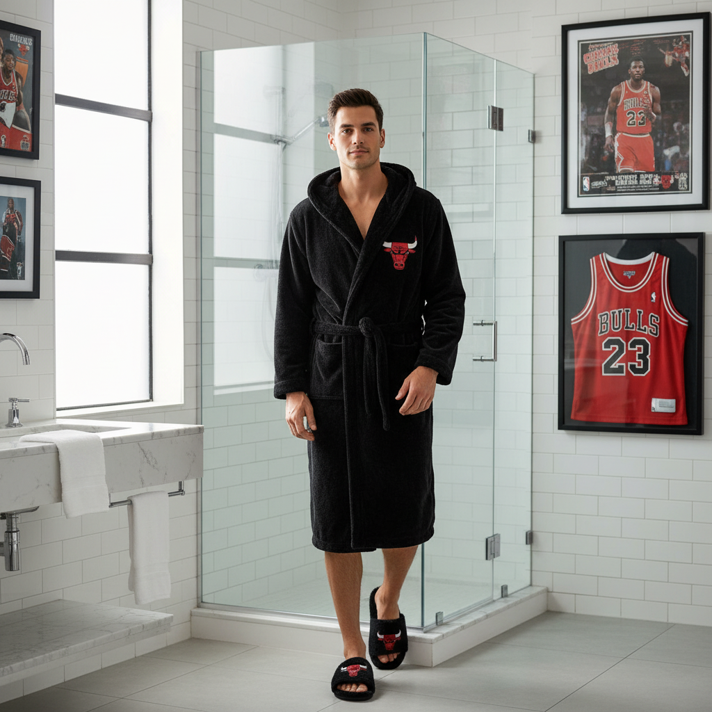 A hooded robe and a pair of slipper sandals with Chicago Bulls branding, primarily in black color with red accents.