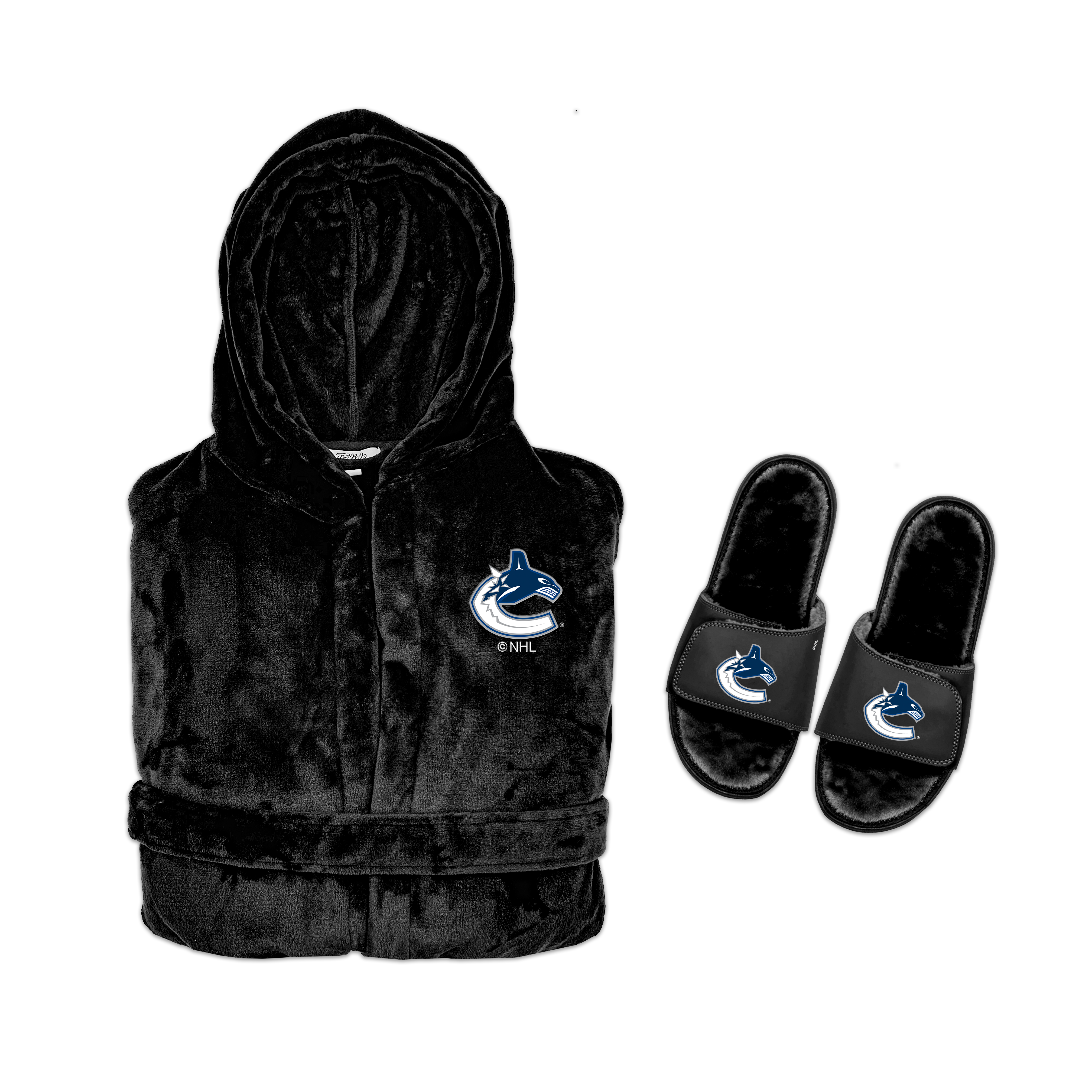 A Vancouver Canucks themed bundle including a black hooded robe with the team's logo on the hood and a pair of black faux fur slipper sandals with the same logo on the sole.