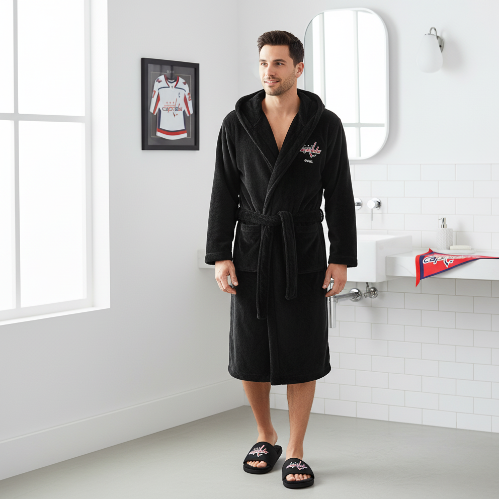 Black hoodie and slides with a logo on a white background