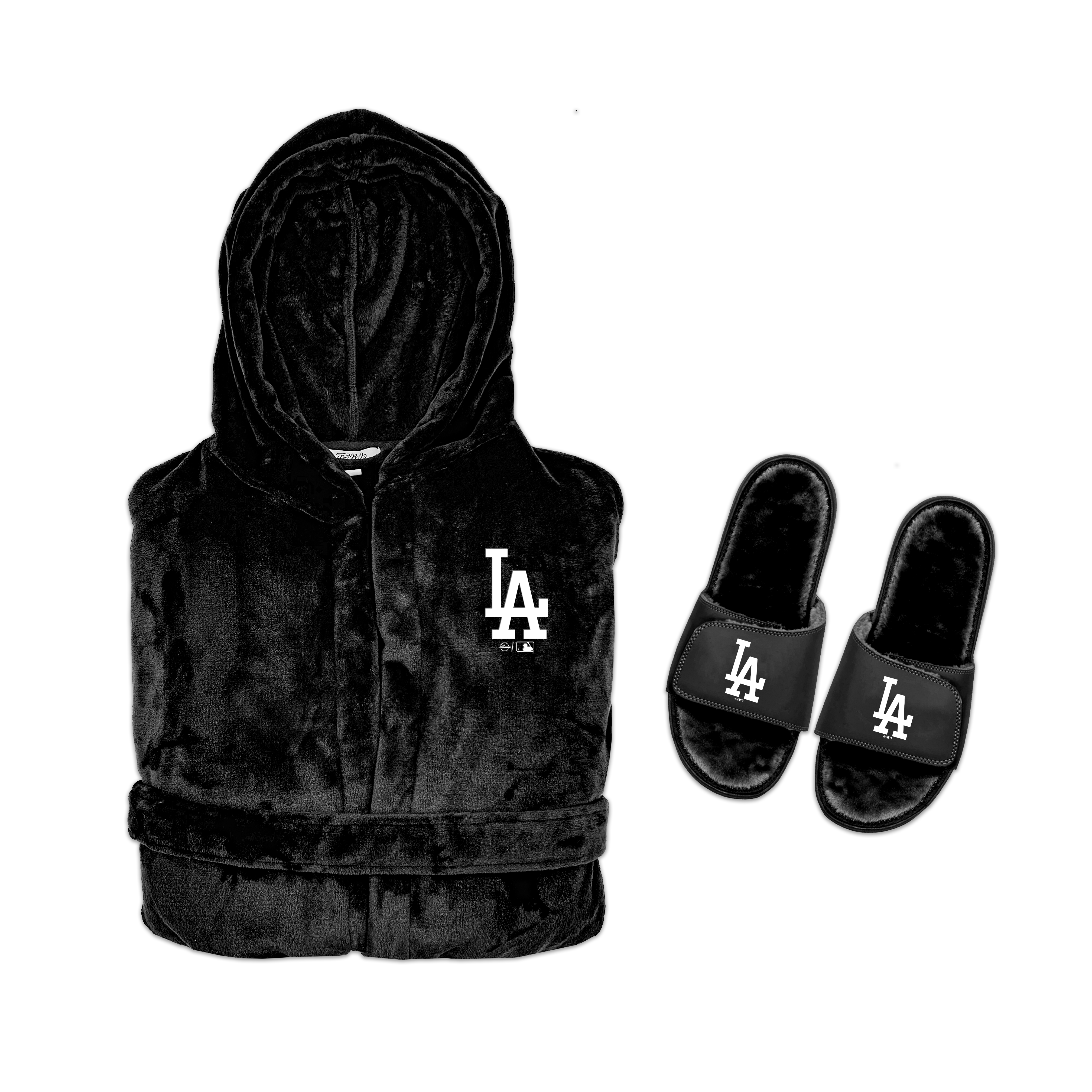 A hooded robe and a pair of slipper sandals with the Los Angeles Dodgers logo on them.