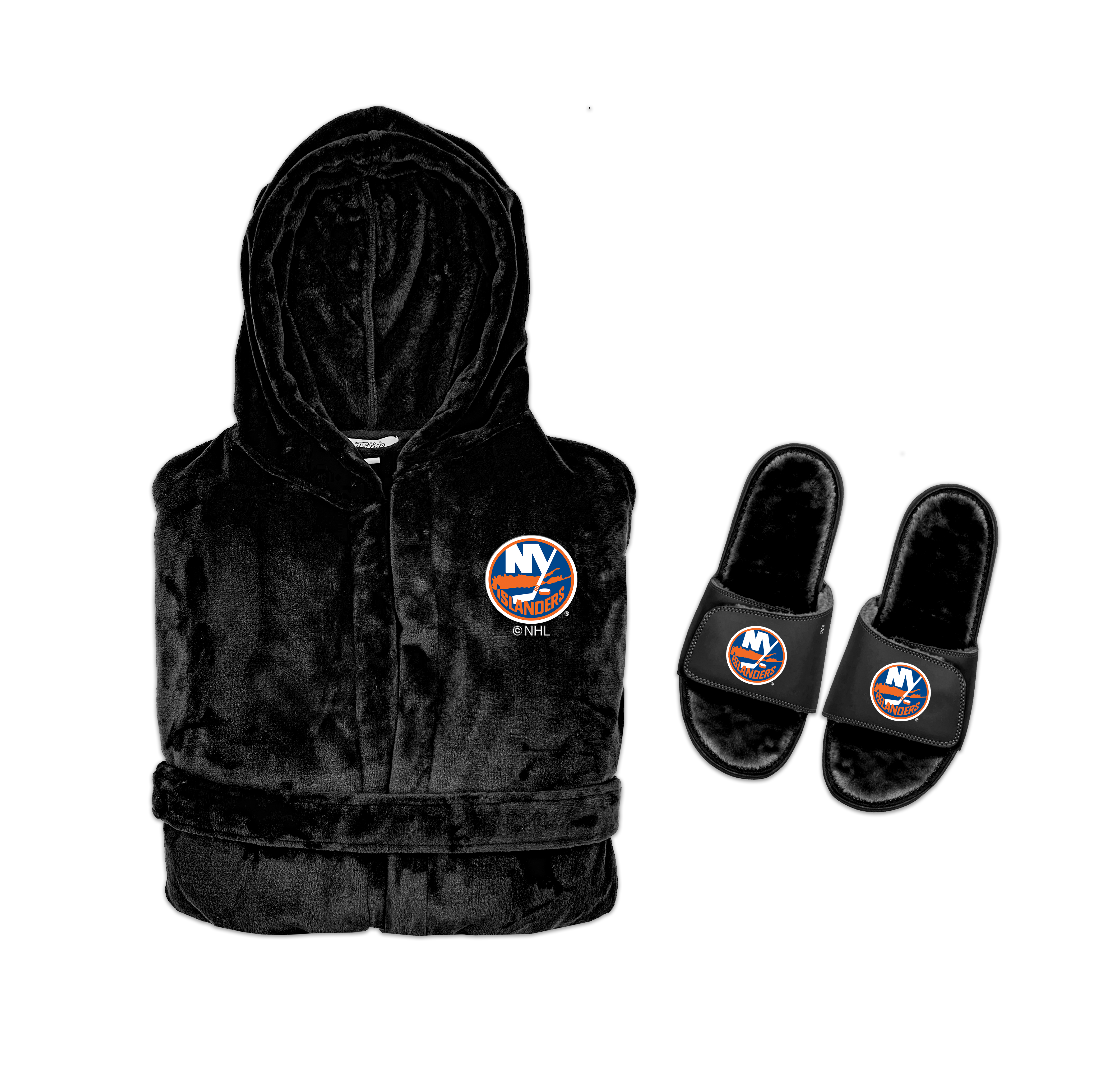 A hooded robe and a pair of slipper sandals with a New York Islanders logo on them.