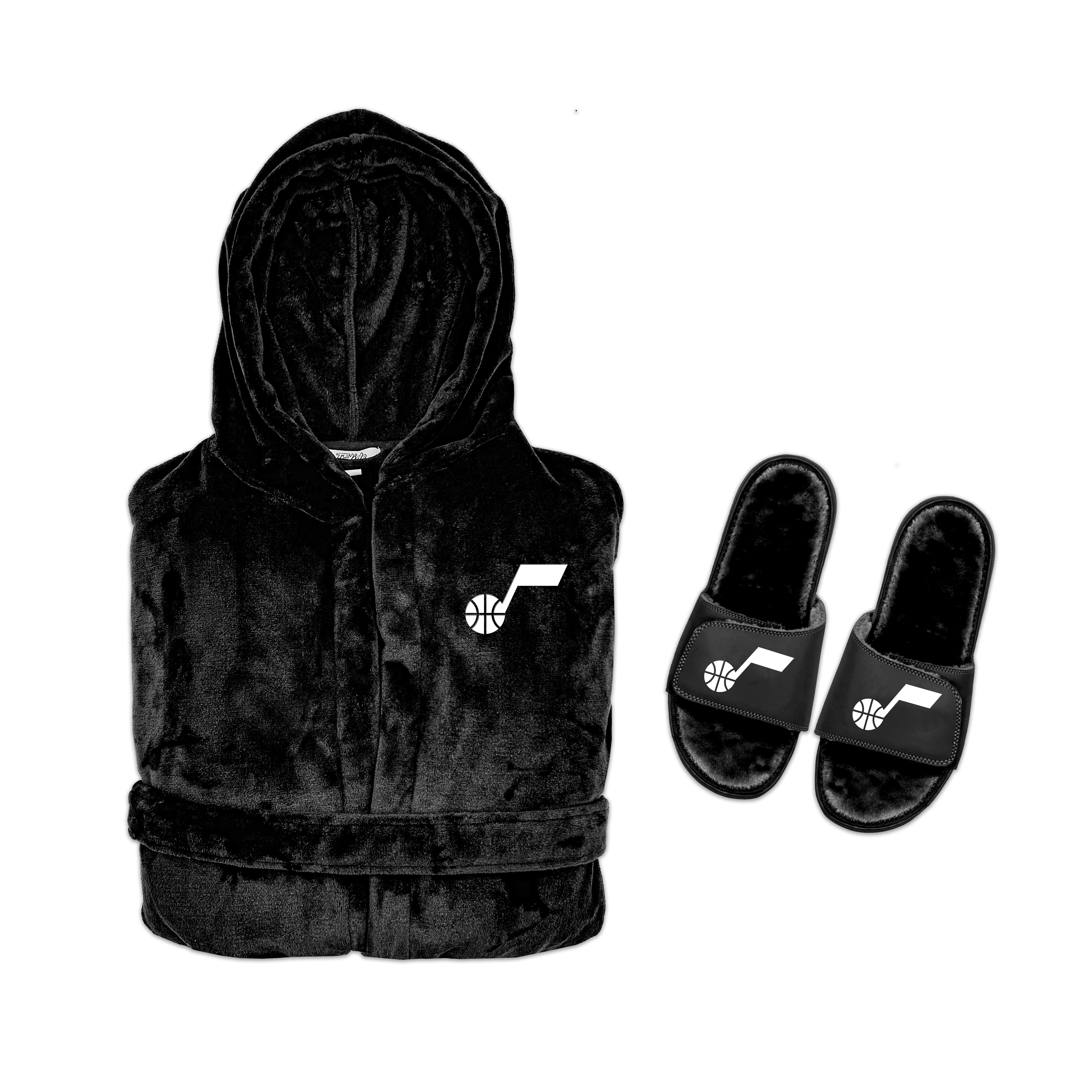A hooded robe and a pair of sandals, both in black color, with the sandals featuring a white logo on the bottom.