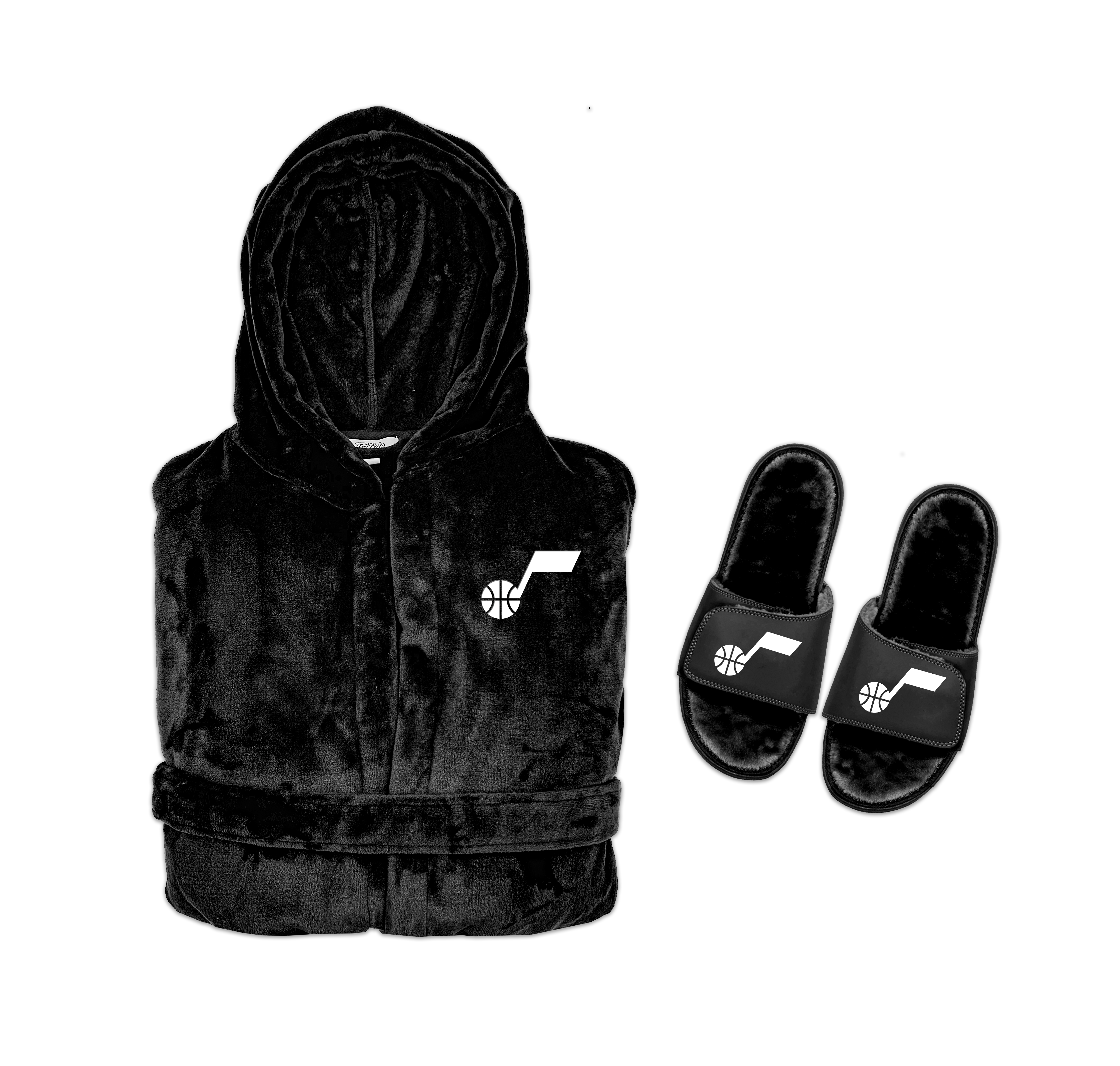 A hooded robe and a pair of sandals, both in black color, with the sandals featuring a white logo on the bottom.