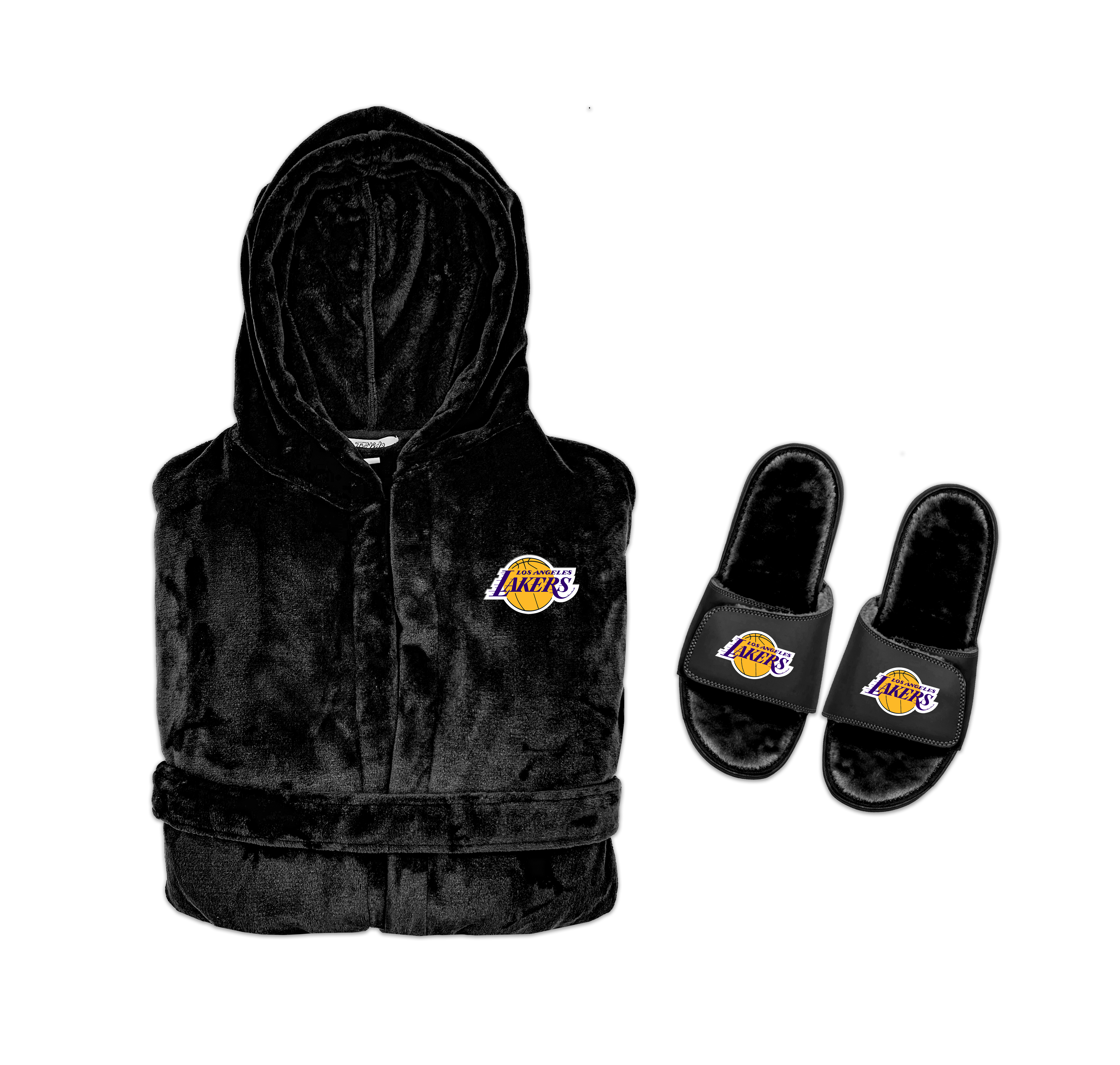 A hooded robe and a pair of slipper sandals with LA Lakers branding, primarily in black color.