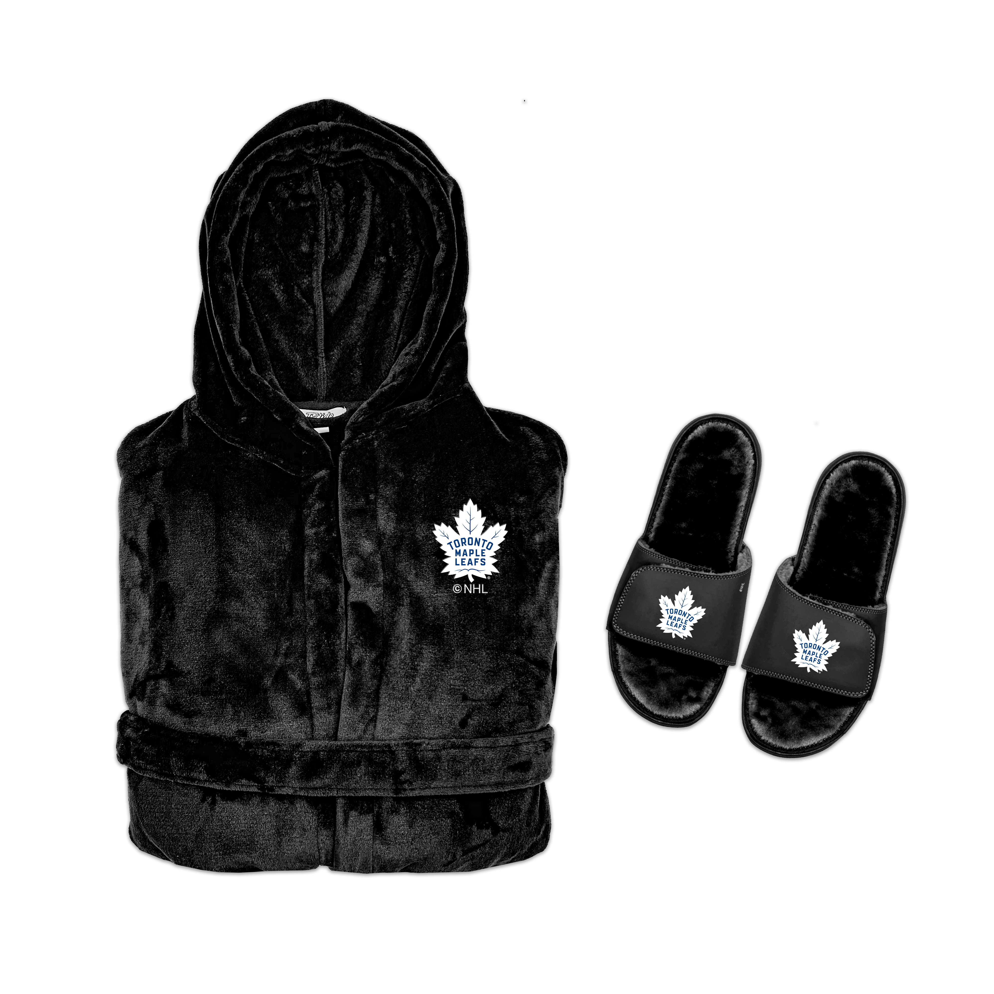 A hooded robe and a pair of slipper sandals with a Toronto Maple Leafs logo, primarily in black color.