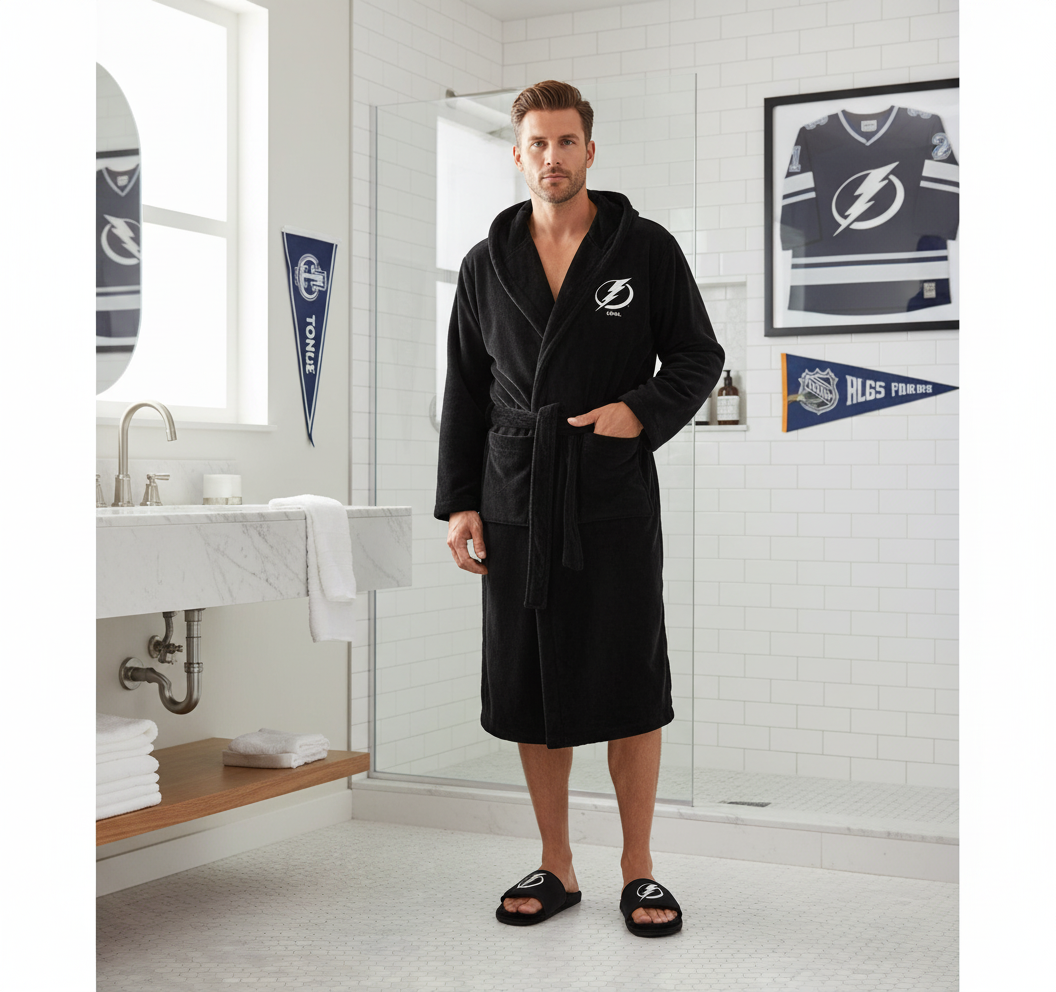 A hooded robe with a logo on the hood and a pair of black fuzzy slippers with a logo on the strap, both laid out on a white background.