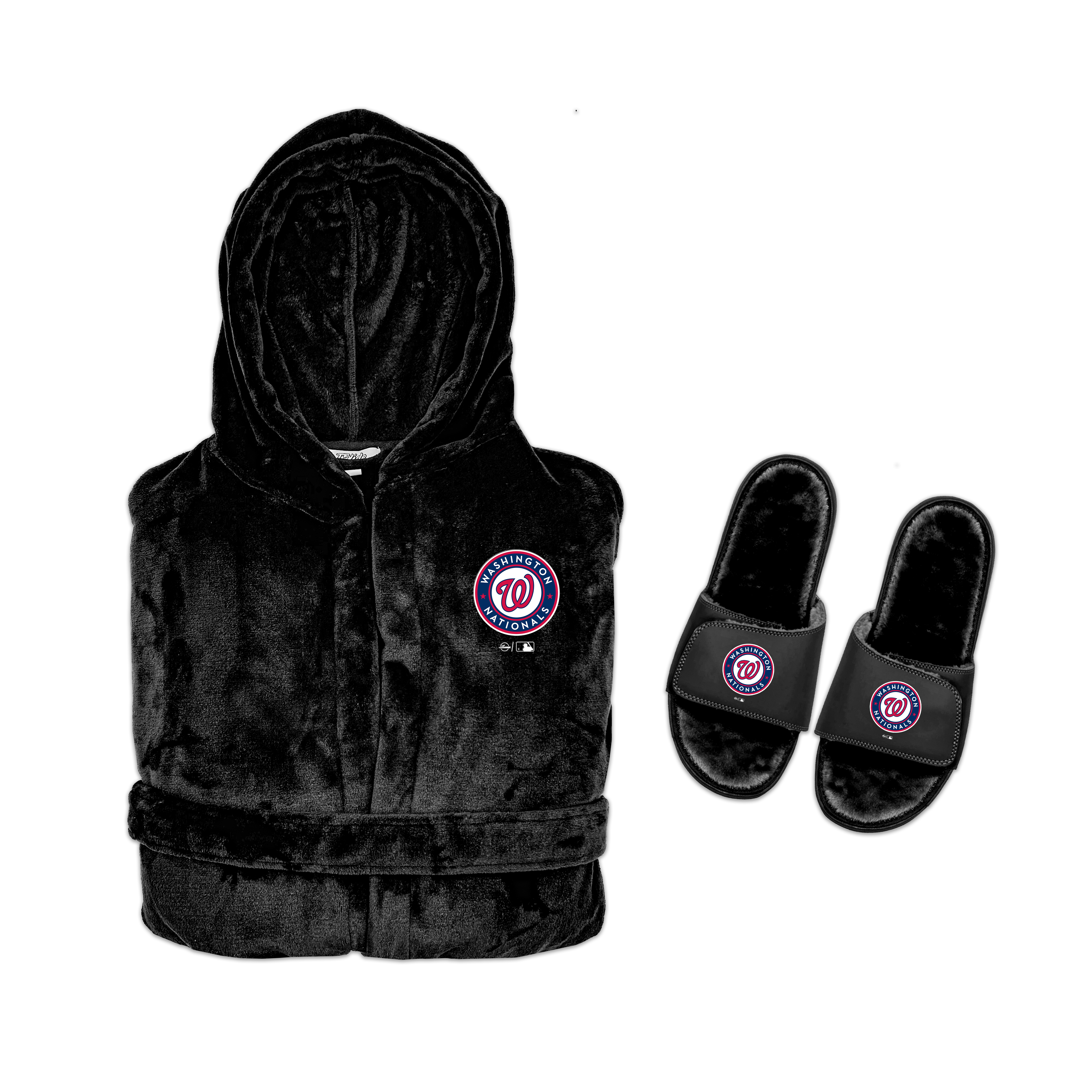 A bundle including a black hooded robe with a Washington Nationals logo on the chest and a pair of black fuzzy slippers with the same logo.
