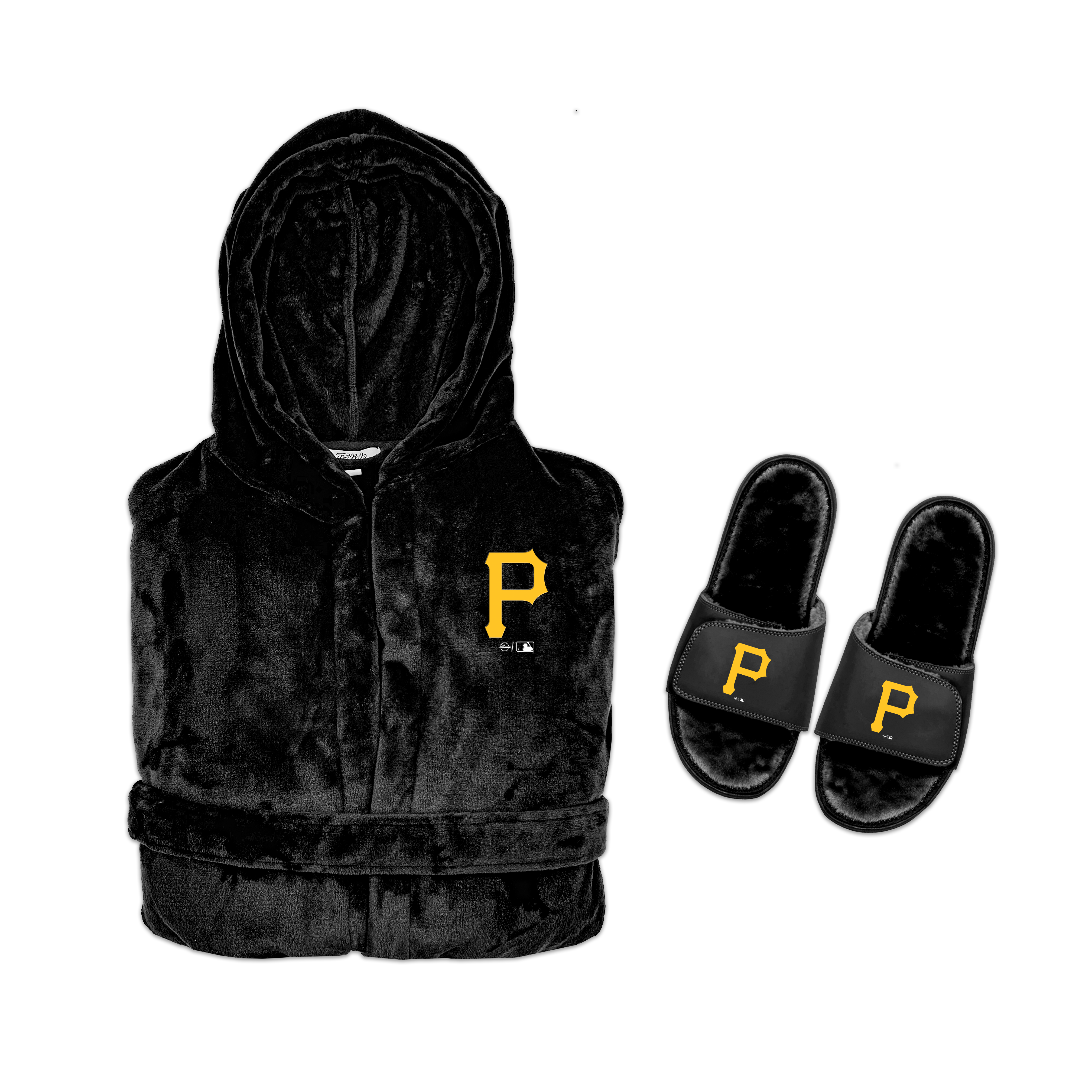 A bundle including a black hooded robe with a Pittsburgh Pirates logo and a pair of black faux fur slipper sandals.