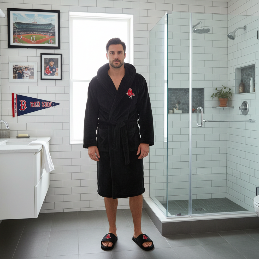A hooded robe and a pair of slippers with the Boston Red Sox logo on them.
