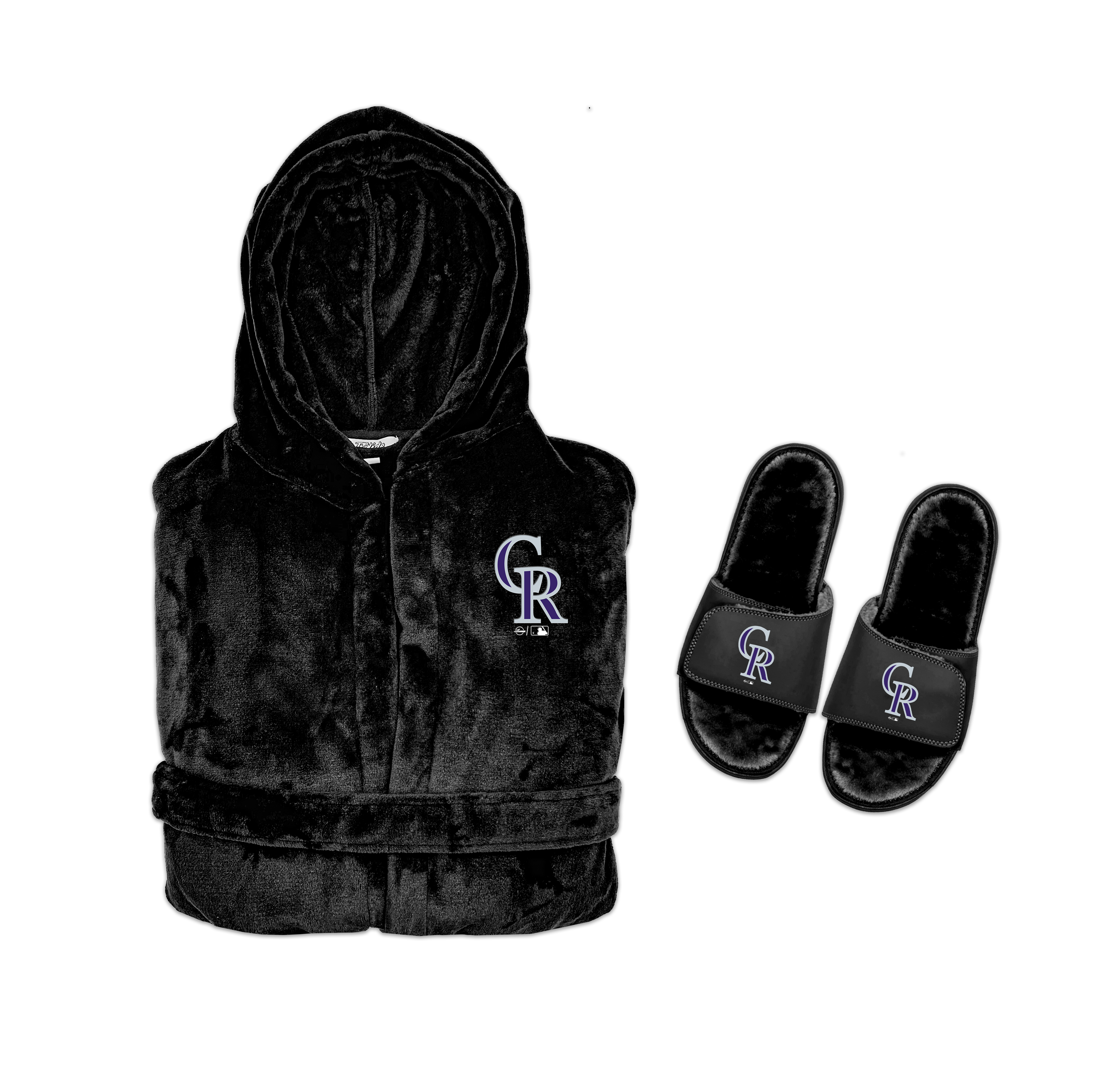 A Colorado Rockies themed bundle including a black hooded robe and a pair of slipper sandals with the team's logo.