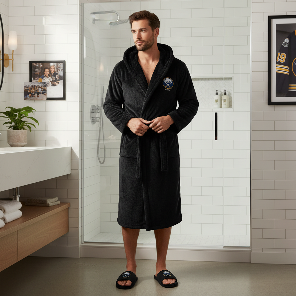 A hooded robe and a pair of slipper sandals with a Buffalo Sabres logo on them.