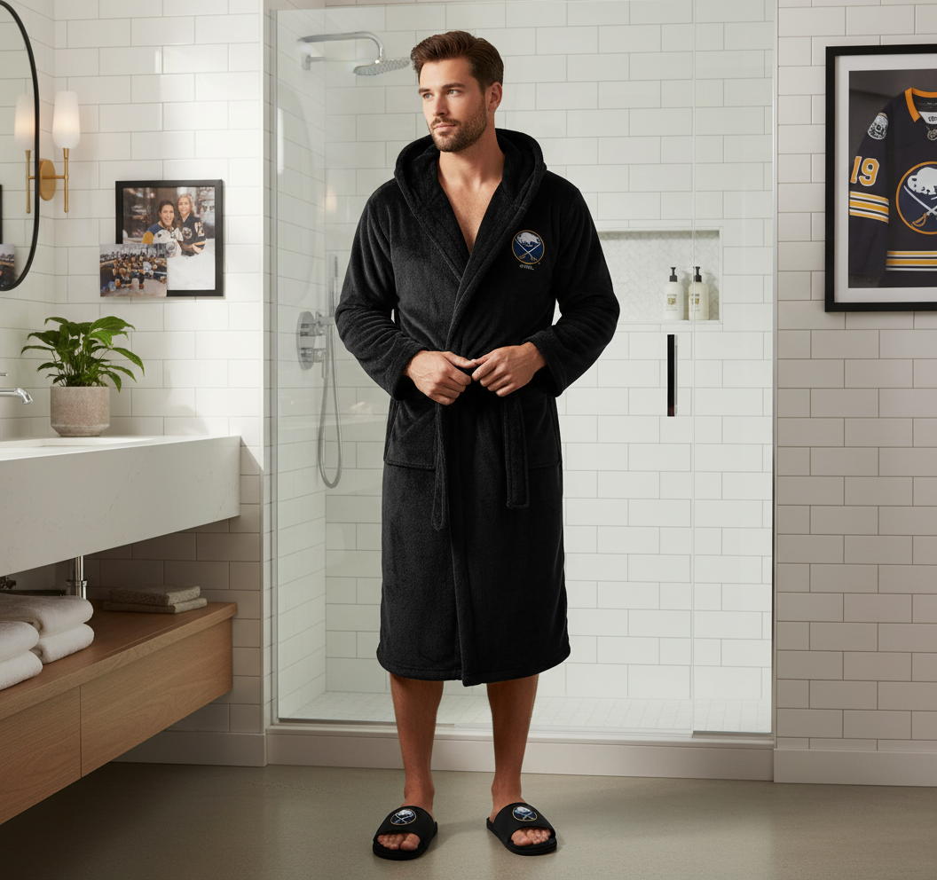 A hooded robe and a pair of slipper sandals with a Buffalo Sabres logo on them.