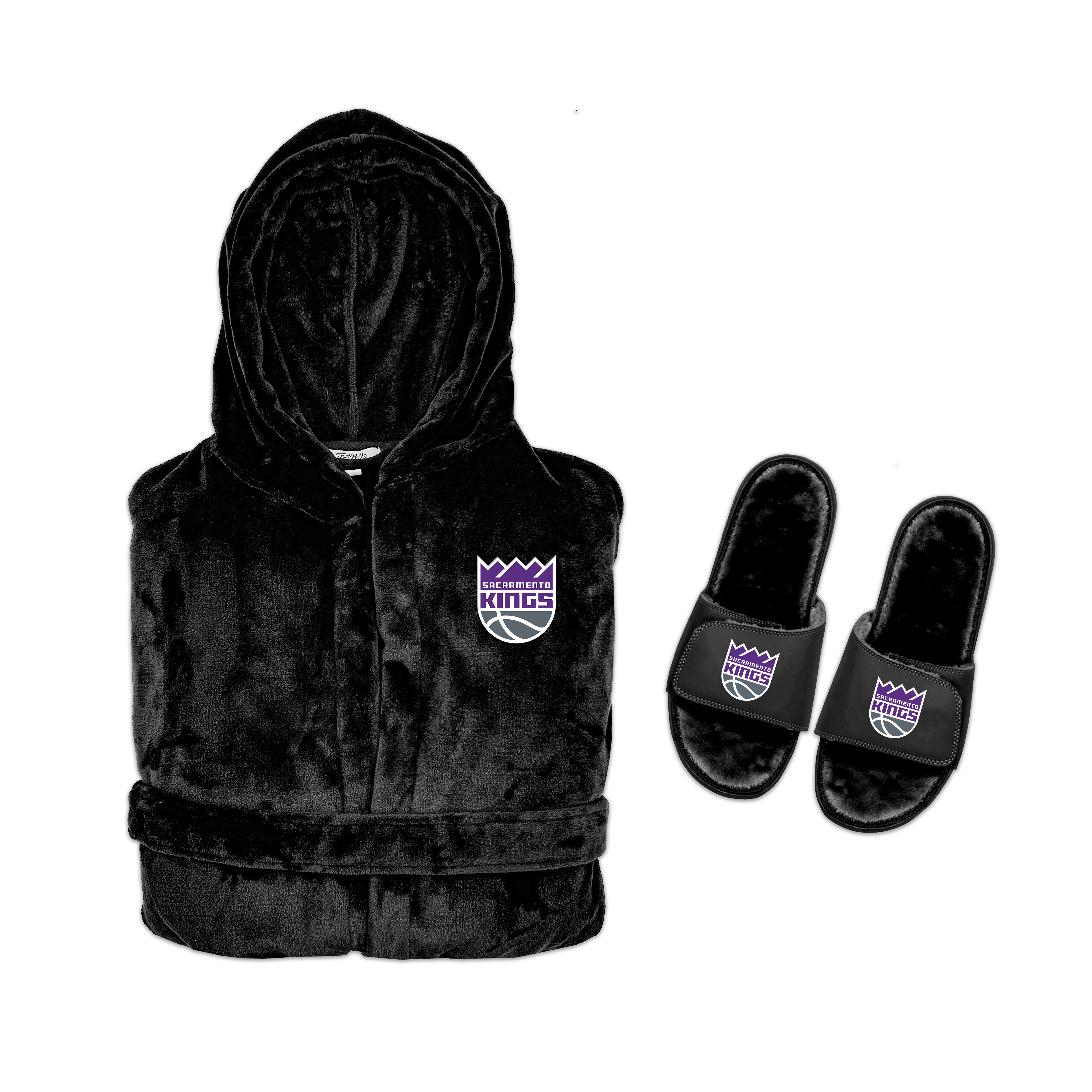 A bundle including a black hooded robe with a Kings logo on the chest and a pair of black fur slipper sandals with the same logo.