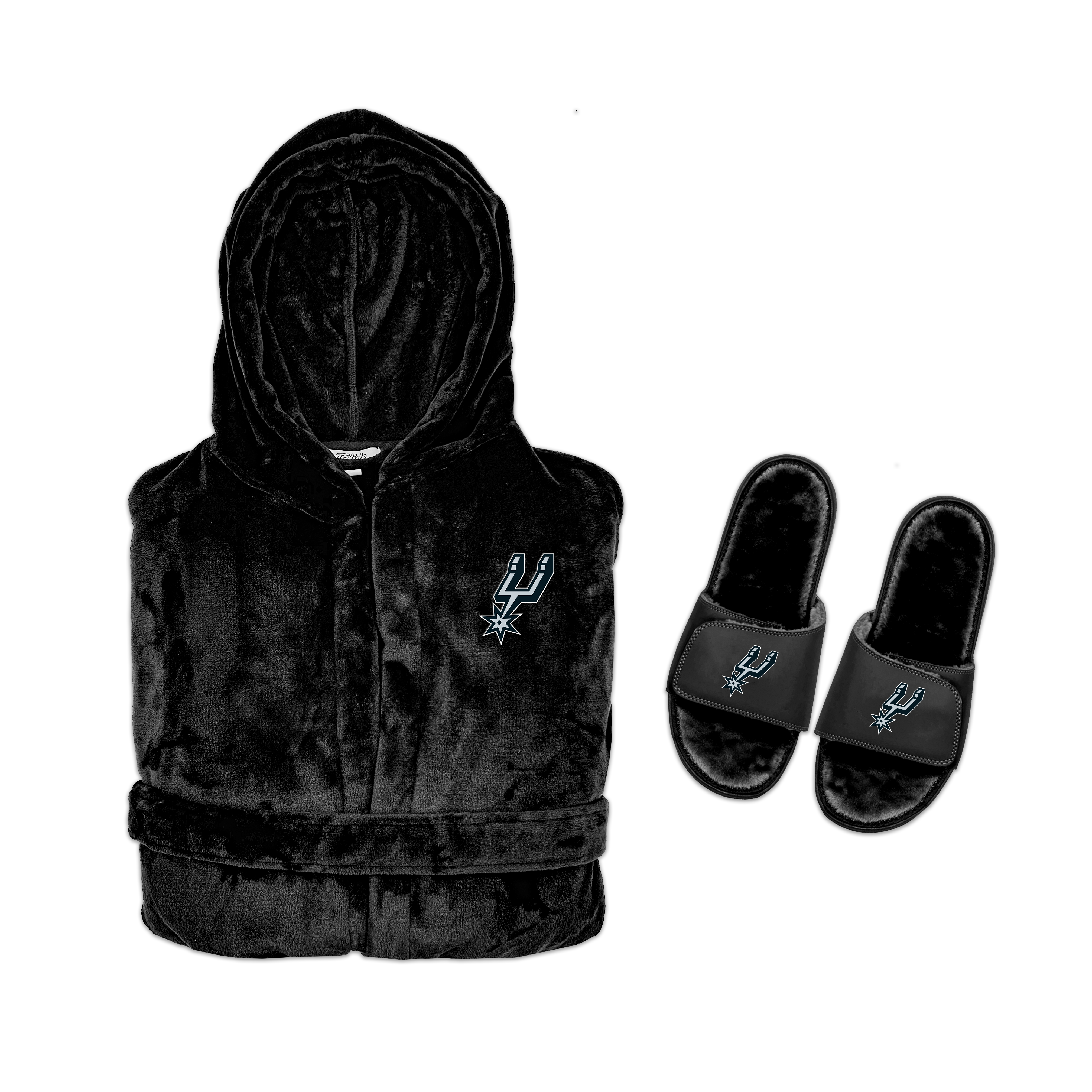 A hooded robe and a pair of slipper sandals, both with San Antonio Spurs branding.