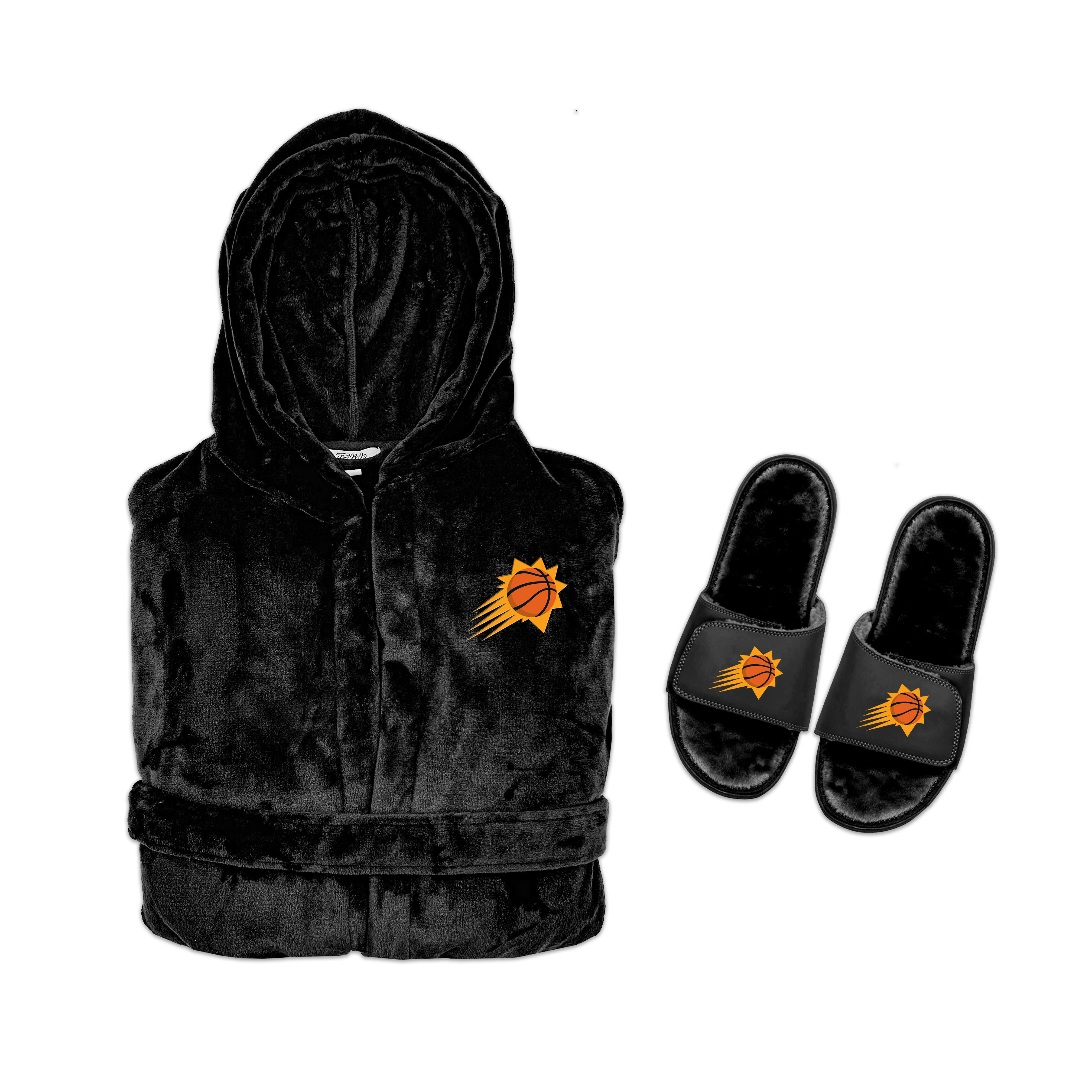 A hooded robe and a pair of sandals with Phoenix Suns branding, primarily in black color.