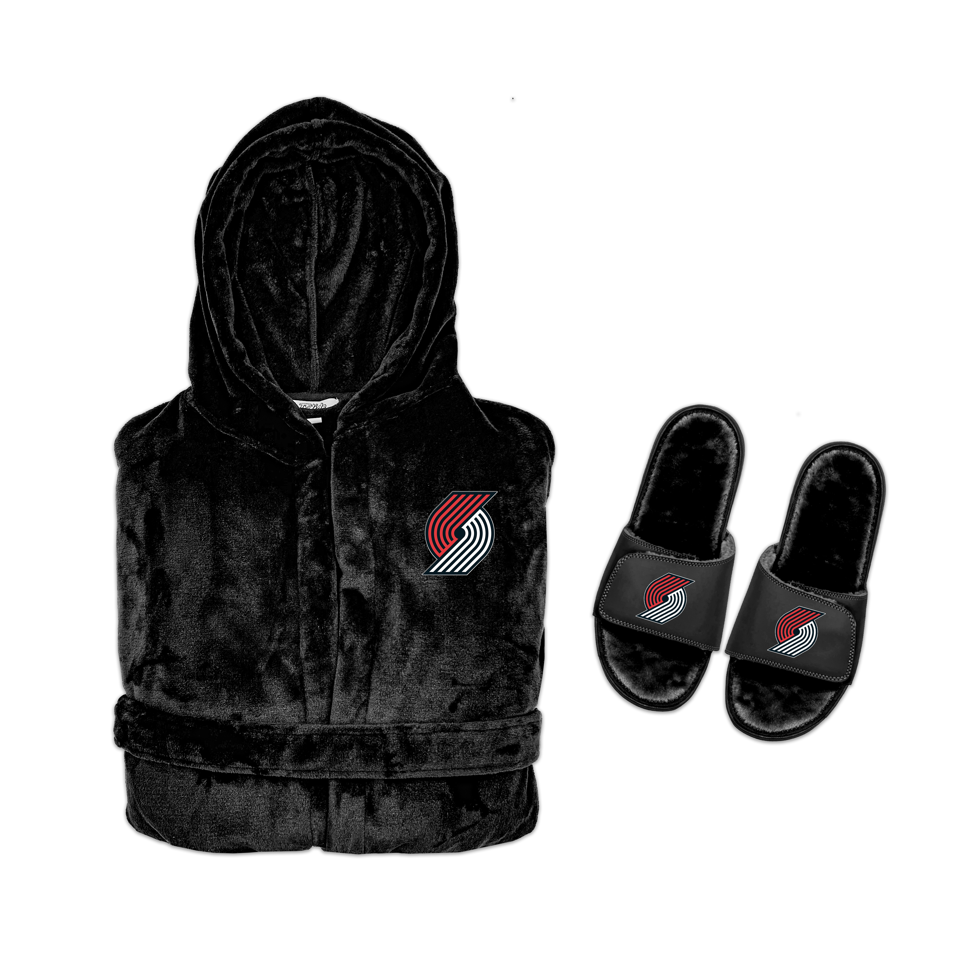 A hooded robe and a pair of slipper sandals with a design featuring the Portland Trailblazers logo.