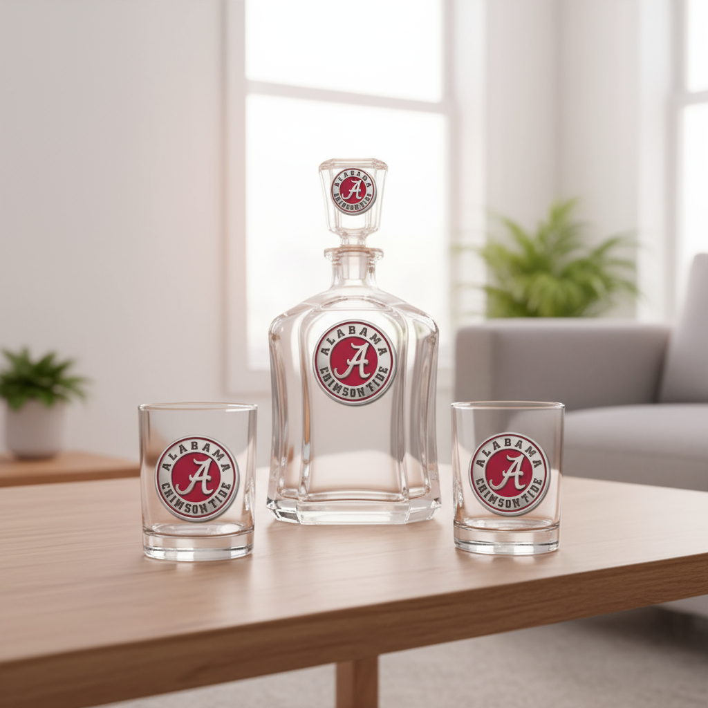 Decanter and two glasses with Alabama Crimson Tide logo on a white background