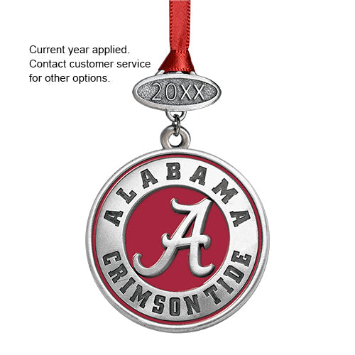 Alabama Crimson Tide ornament with red ribbon on a white background
