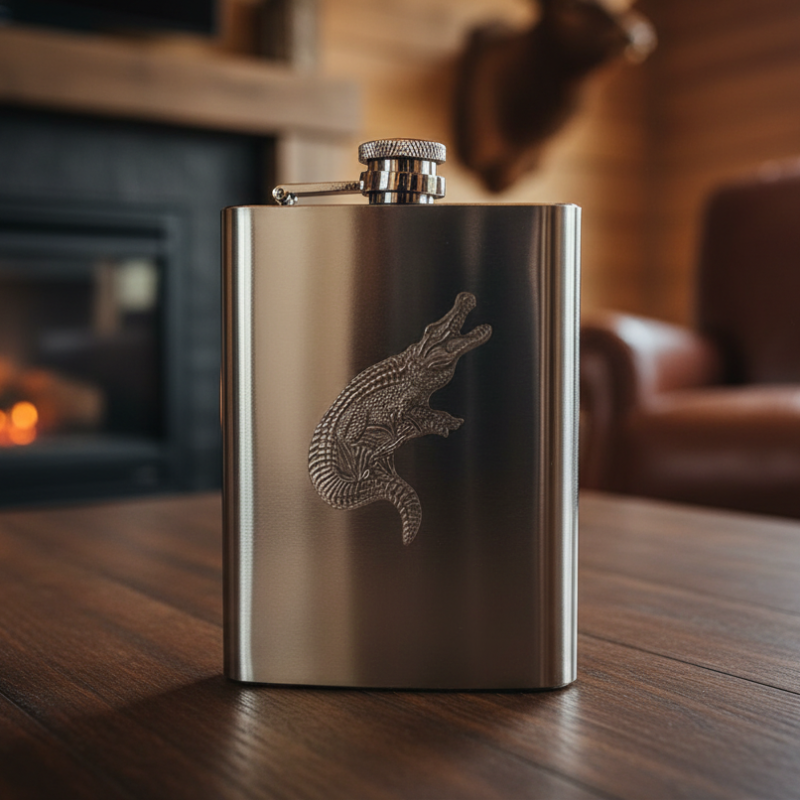 Alligator 8oz Stainless Steel Flask - Fine Pewter Reptile Casting - Made in USA