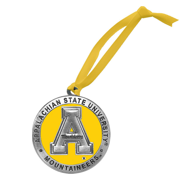 Appalachian State University ornament with yellow ribbon on a white background