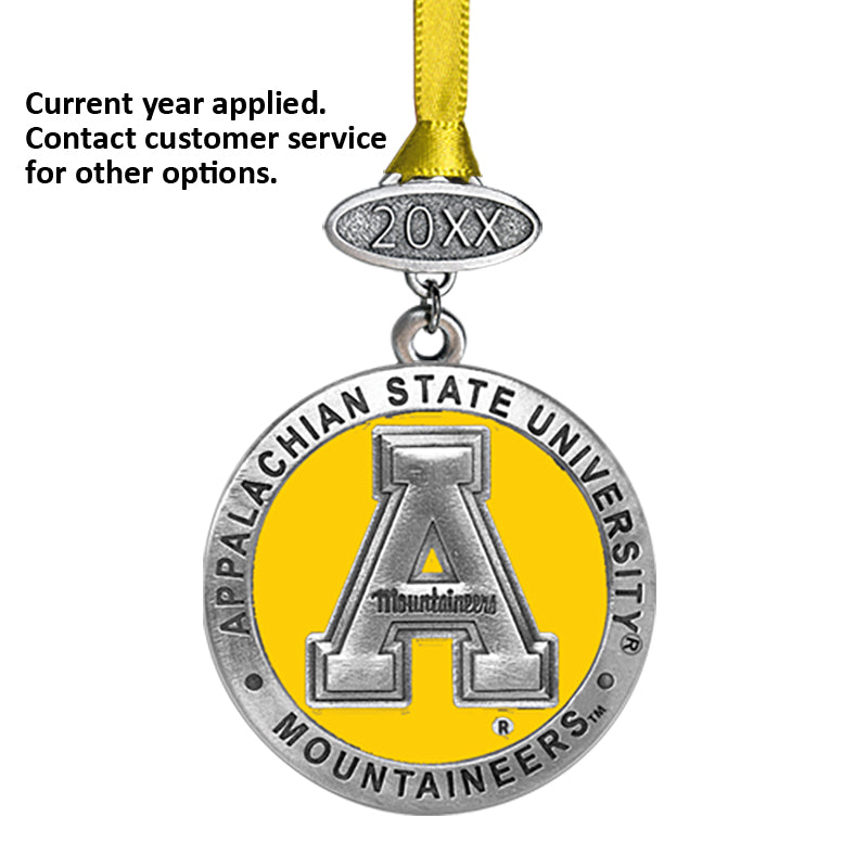 Appalachian State University ornament with yellow and silver design on a white background