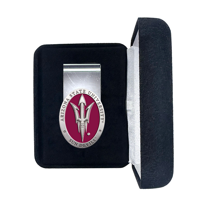 Silver money clip with Arizona State University logo in a black box