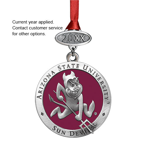 Arizona State University Sun Devils ornament with red ribbon on a white background