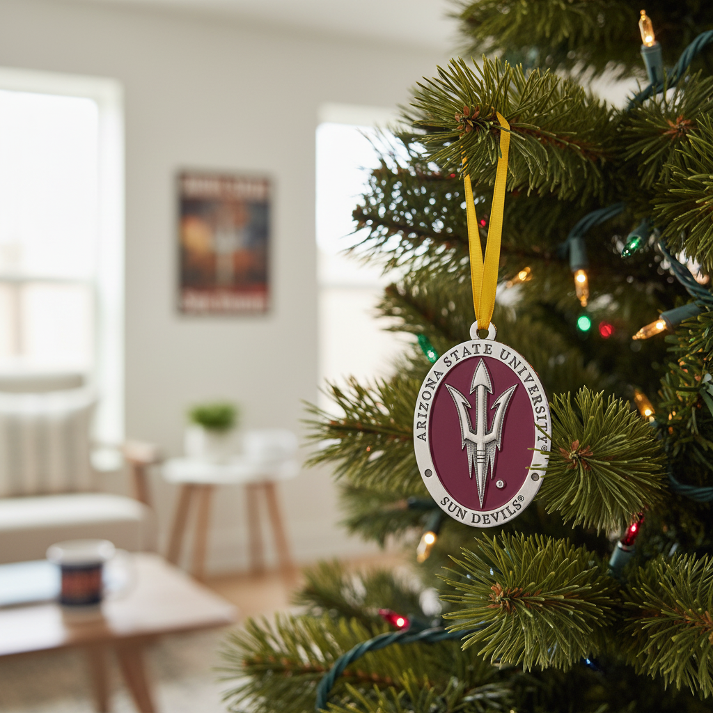 Arizona State University ornament with maroon center and yellow ribbon on a white background