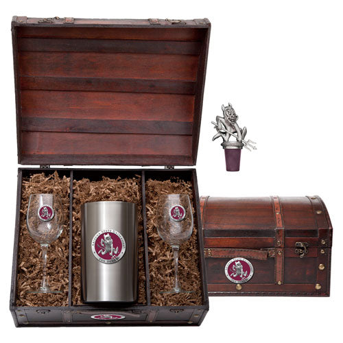 Wooden gift box with silver tumbler and wine glasses, featuring a logo, on a white background.