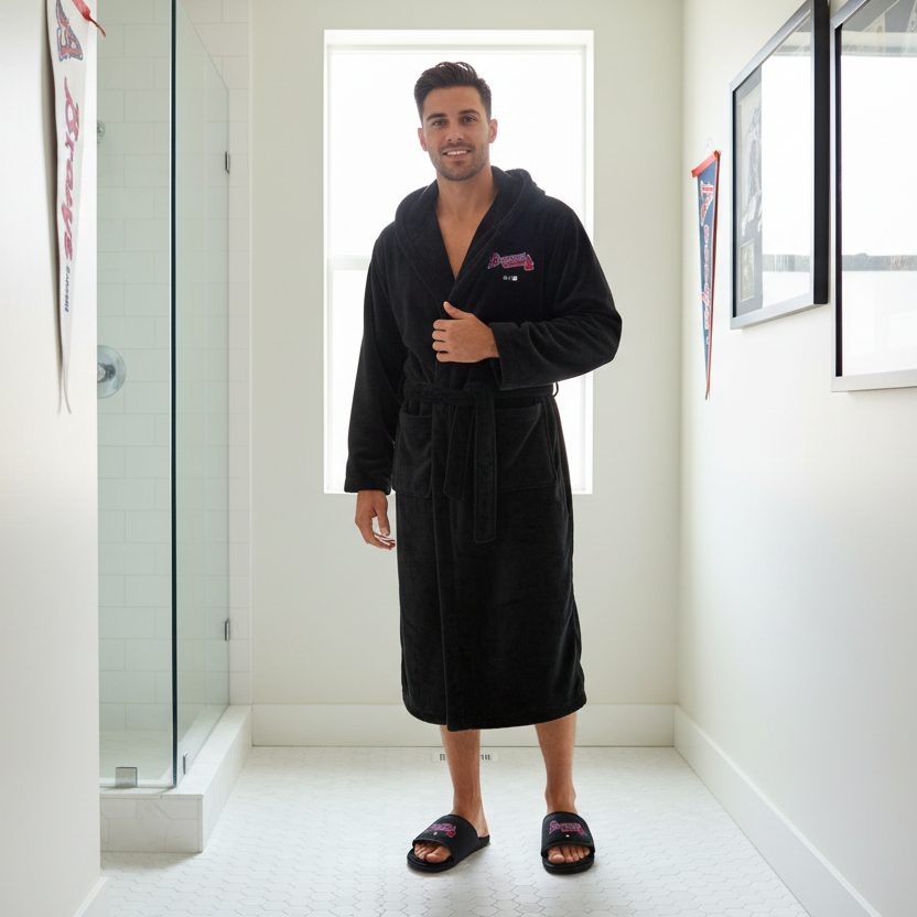 A hooded robe and a pair of fur slipper sandals with the Atlanta Braves logo on them.