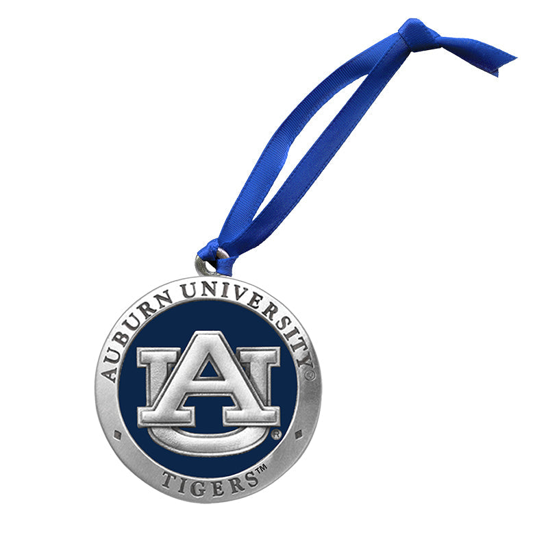 Auburn University Tigers ornament with blue ribbon on a white background