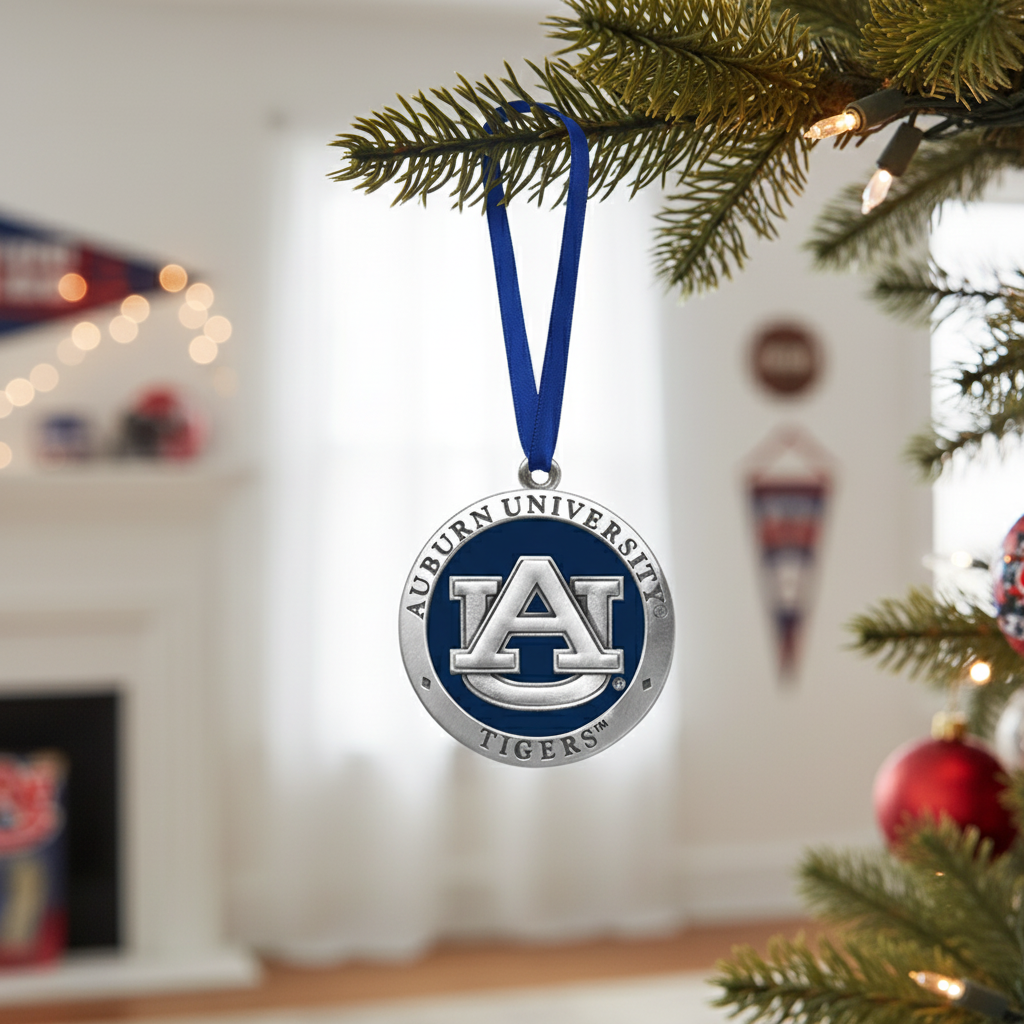 Auburn University Tigers ornament hanging on a Christmas tree with a festive background.