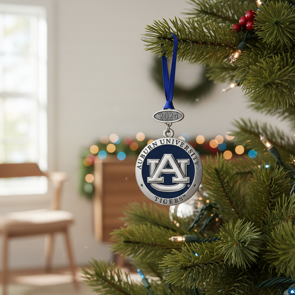 Auburn University ornament on a Christmas tree with blurred festive lights in the background