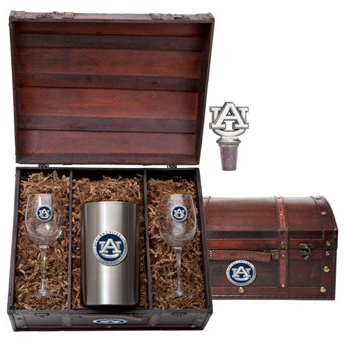 Gift set with wine glasses, tumbler, and bottle stopper in a wooden chest.