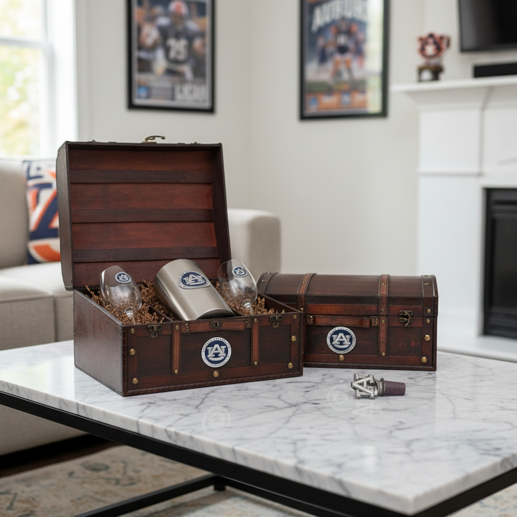Wooden treasure chest with wine glasses and bottle stopper on a marble table in a living room.