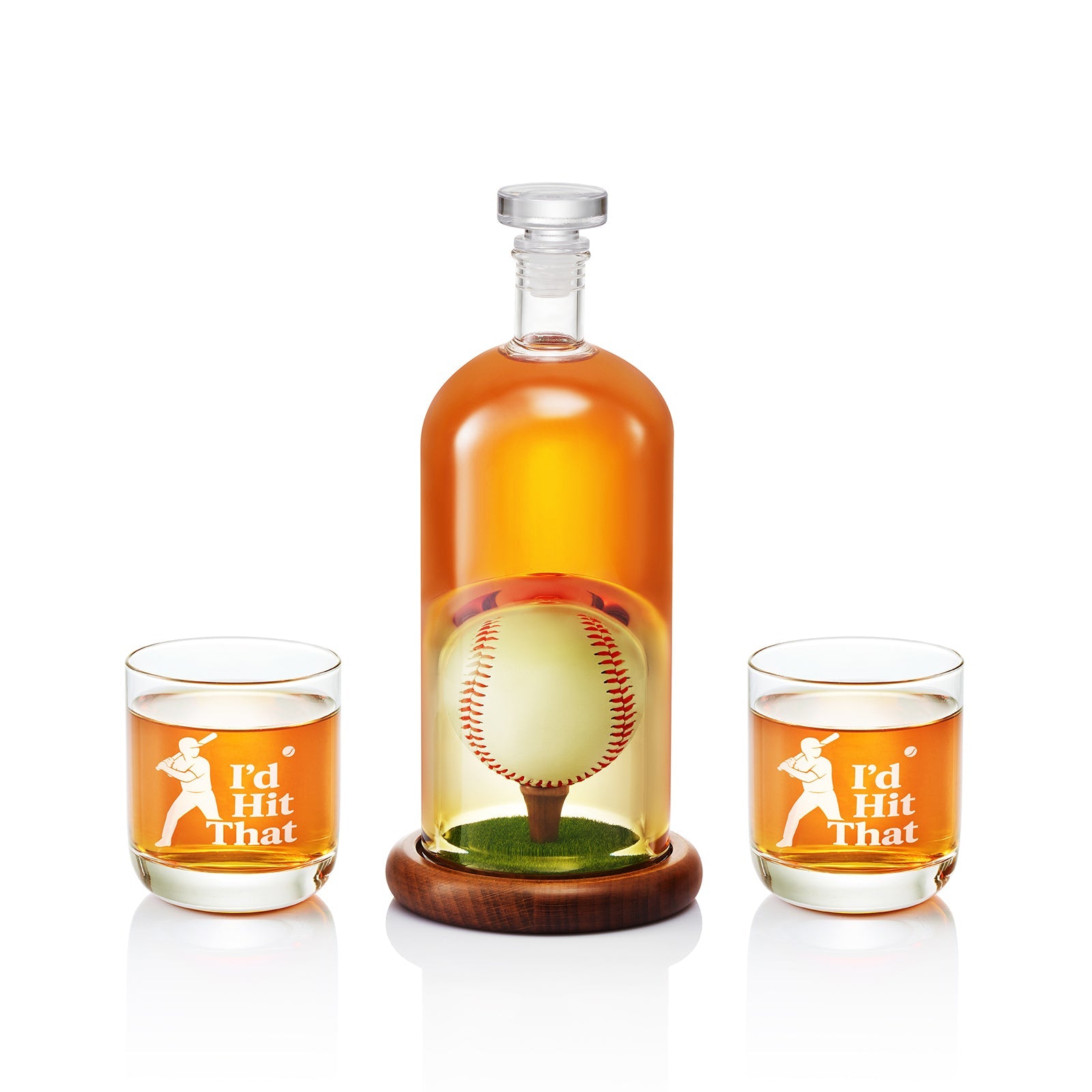 Decanter and glasses with a baseball design and 'I'd Hit That' text on a white background