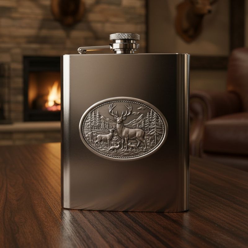 Bighorn Sheep 8oz Stainless Steel Flask - Fine Pewter Wildlife Casting - Made in USA