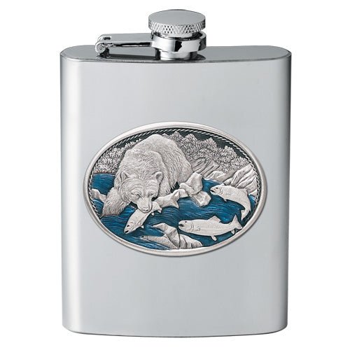 Brown Bear 8oz Stainless Steel Flask - Fine Pewter Grizzly Casting - Made in USA