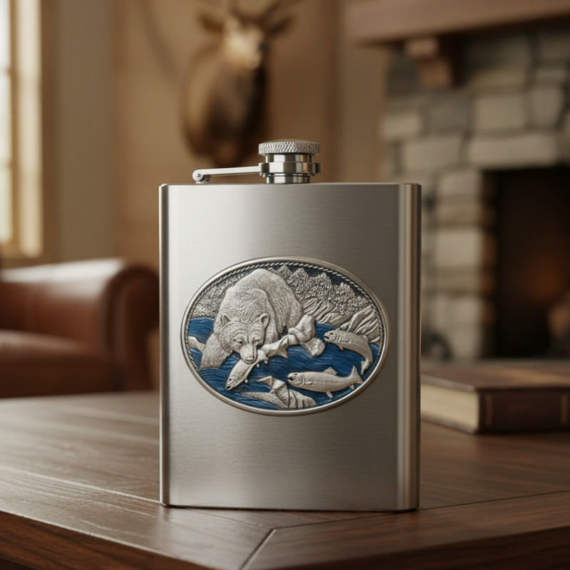 Brown Bear 8oz Stainless Steel Flask - Fine Pewter Grizzly Casting - Made in USA