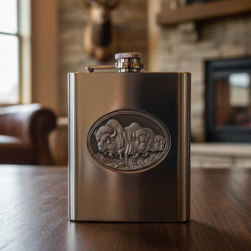 Buffalo 8oz Stainless Steel Flask - Fine Pewter Bison Casting - Made in USA