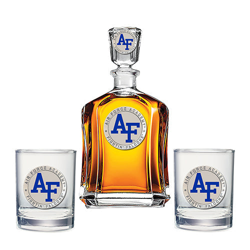Officially licensed U.S. Air Force Academy Capitol Decanter Set with Academy branding on the decanter and glasses