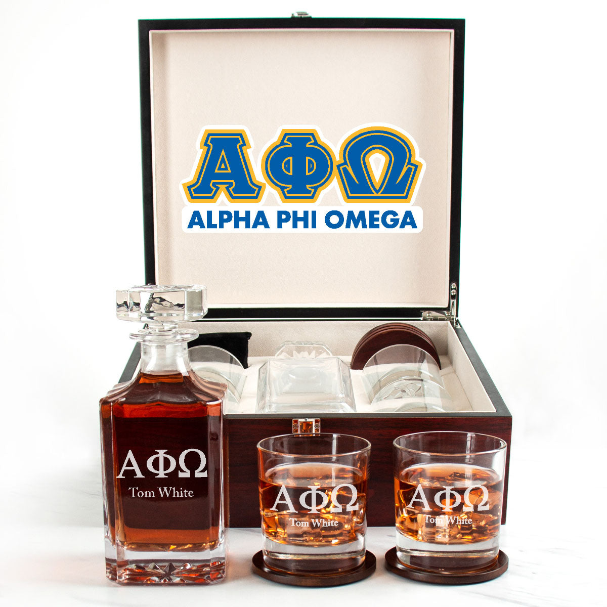 Alpha Phi Omega Cherry Wood Decanter Wood Gift Box Set With Rocks Glasses